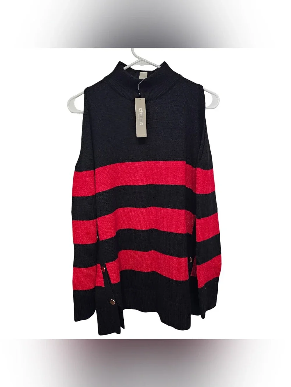 Chico's Black & Red Striped Knit Cowl Neck Pullover Sweater Long Sleeve 2 NEW